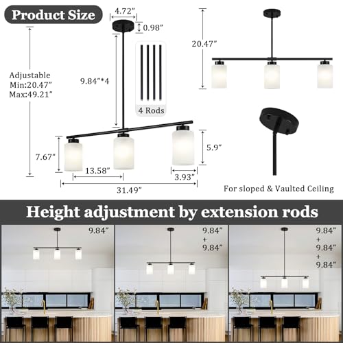 31" Kitchen Island Lighting 3 Light Black Pendant Light for Kitchen Island with Milk Glass Shade Modern Linear Chandelier Adjustable Hanging Farmhouse Light Fixtures Over Dining Table Living Room (Black / 3-light)