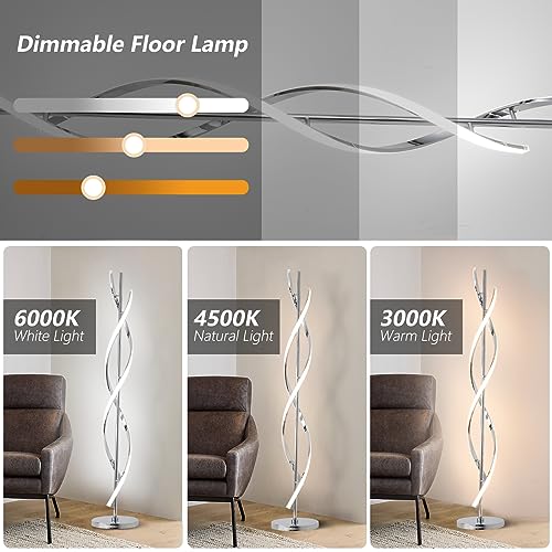 40W LED Modern Floor Lamp Remote Control Dimmable Spiral Floor Lamp Indoor Tall Lamp Floor Lamps for Living Rooms Family Rooms Bedrooms Offices Lighting (Silver A)
