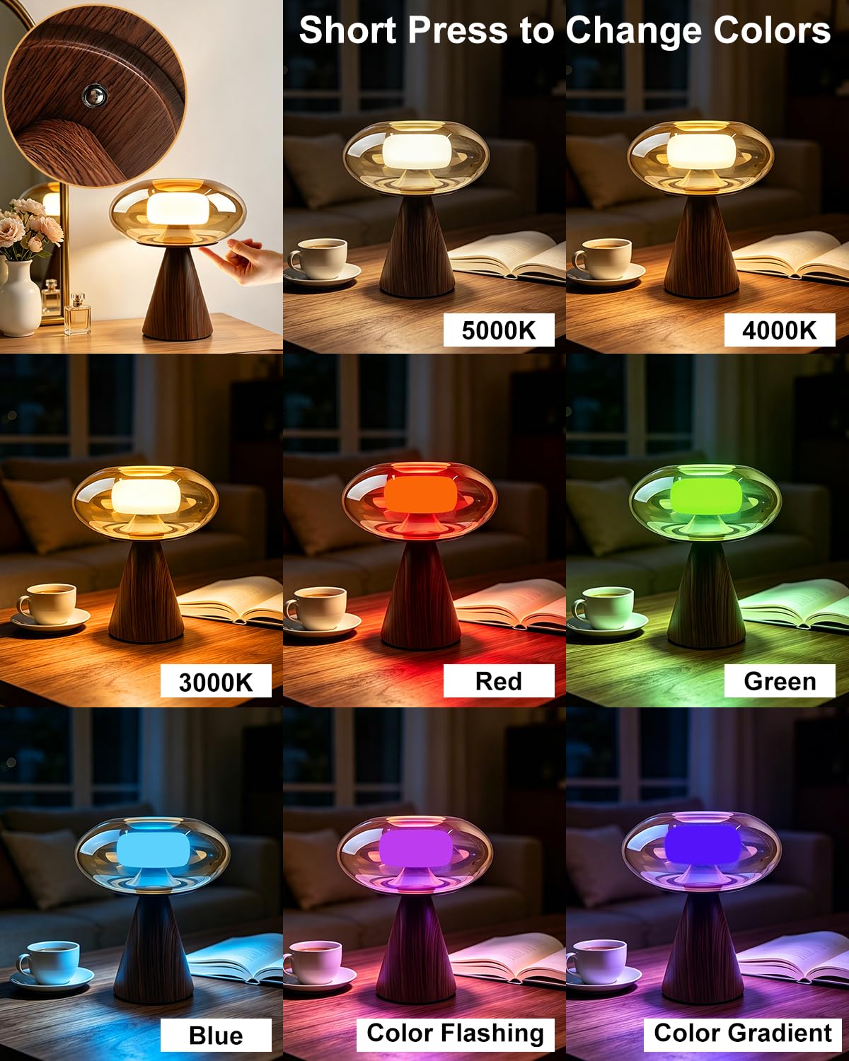 Mushroom Bedside Table Lamp Dimmable RGB Ambient Lighting Lamp (25-Dark Walnut-Mushroom)
