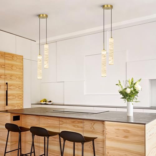 Natural Alabaster Pendant Lights for Kitchen Island White Marble Long Tube Chandelier 4000K Modern Gold Ceiling Light Fixtures for Bedroom Dining Room Table Living Room Hallway (Gold-NeutralLight / 13.9in-2Light)