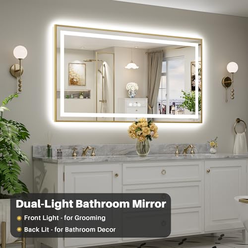 66x36 Inch LED Bathroom Mirror with Gold Frame (Backlit+front Lit With Gold Frame / 66"L x 36"W)