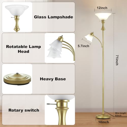 Torchiere Glod Floor Lamp with Adjustable Angle Reading Lamp (Gold)