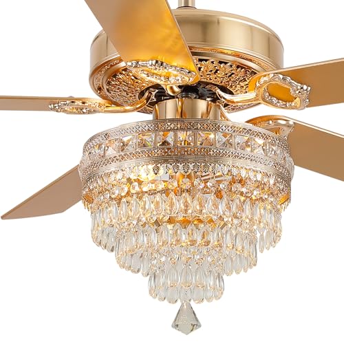 52"Golden Crystal Chandelier Ceiling Fans with Lights and Remote Control (Gold-52IN)