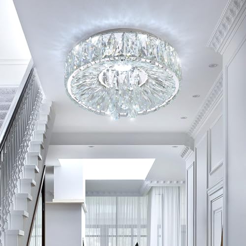 Mini Chandelier Modern Crystal Chandeliers for Hallway Light Fixture LED Flush Mount Ceiling Light Dimmable Lamp for Dining Room Living Room Bedroom (Silver / 11.8" Width)