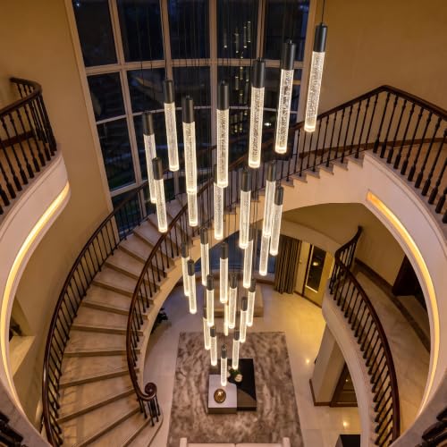 16 Foot Chandeliers for Living Room Entryway High Ceiling Light Fixtures Sloped Flush Mount Ceiling Pendant Lighting Dimmable Chandelier with Remote LED Crystal Pendants Lighting Black Light (36 lights / Black)