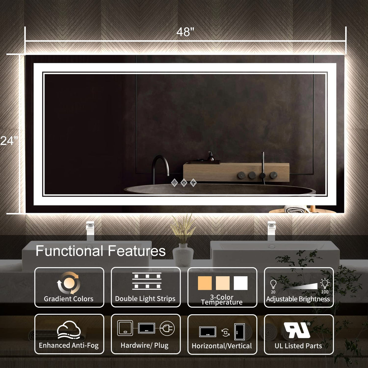 Bathroom Vanity Mirror (Front and Backlit / 48"L x 24"W)