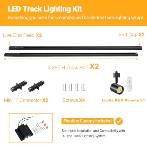 6 Lights Remote Control LED Track Lighting Kit Dimmable (Black)