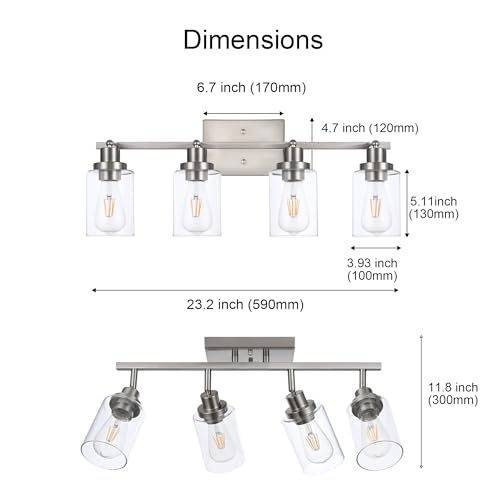 4 Light Track Lighting Fixtures Ceiling Kitchen Track Lighting Kit Brushed Nickel Bathroom Tracking Vanity Lights with Clear Glass Shade (Brushed Nickel / 4-Light)