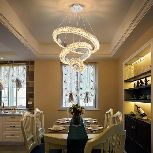 23.6" 3 Ring Crystal Chandelier Modern LED Dimmable Ring Pendant Light Round Chandelier for Dining Room Living Room Silver (Silver / 3 Ring Round 24")