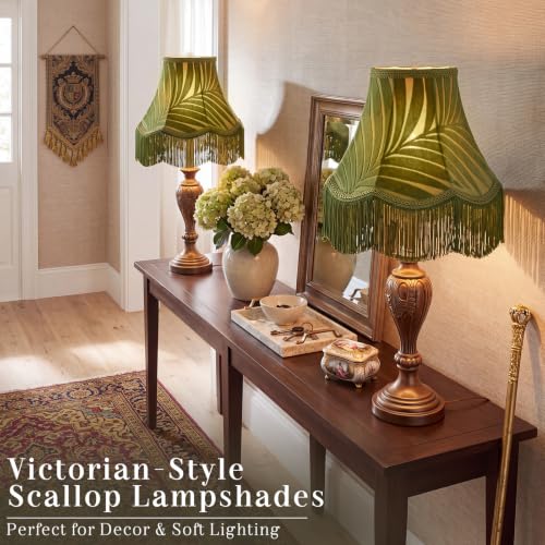 2 Pcs 5 x 10 x 7.5 Inch Green Scalloped Lamp Shades with Fringe Trim Vintage Victorian Bell Lampshades Replacement Fabric Natural Tapered Lampshades Decor for Wall Sconce Pendant Light (Green / 5 x 10 x 7.5 Inch)