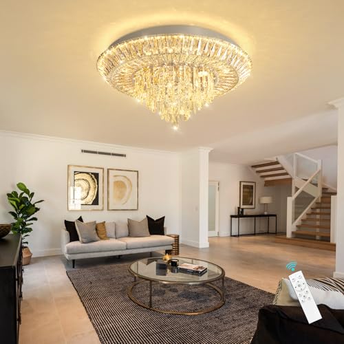 Modern LED Chandelier Crystal Ceiling Light Fixture Raindrop Chandeliers Dimmable Lighting for Living Room Dining Room Entryway Bedroom Silver (Silver / W24")