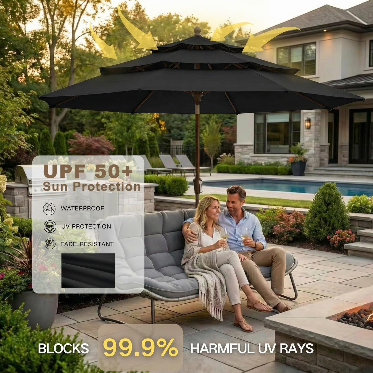 9ft 3 Tier Patio Umbrella (Black / 9 FT)