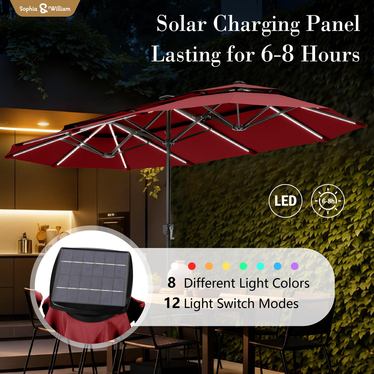 13ft 2 Tier Patio Umbrella with Solar Lights & Base (Red)