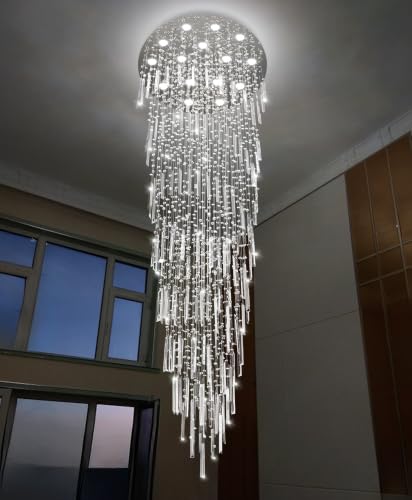 D40'' x H120'' Crystal Chandelier High Ceiling Chandeliers for Entryway Large Raindrop Chandeliers LED Dimmable Flush Mount Light Fixtures for Staircaes Foyer Hallway Living Room Bulbs Included Silver (D40'' x H120'' Silver)