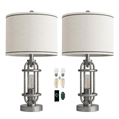 23.75'' Table Lamps Set of 2 for Living Room Bedroom Industrial Farmhouse Metal Touch Lamps with USB A+C Ports (23.75'' Antique Silver - Set of 2)