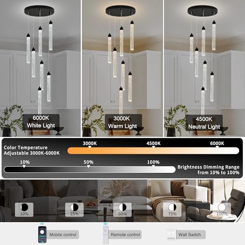 7 Lights High Ceiling Crystal Staircase Chandelier Black Pendant Lights Modern Spiral Raindrop Dimmable LED Bubble Cluster Ceiling Hanging Lighting Fixture for Foyer Living Room Remote Control (Black / 7 lights)