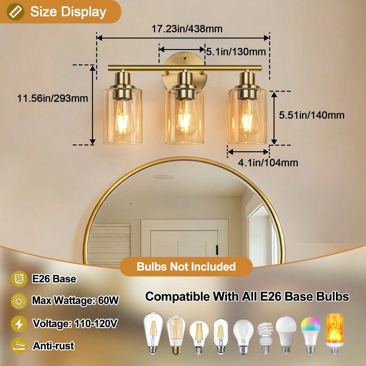 3 Light Bathroom Light Fixtures (Brushed Gold & Amber Glass / 3-light)