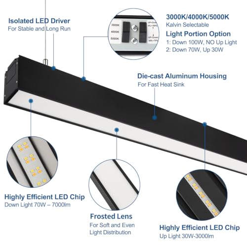 8FT Direct & Indirect LED Architectural Linear Light Fixture 4 Pack (Black / 8FT)