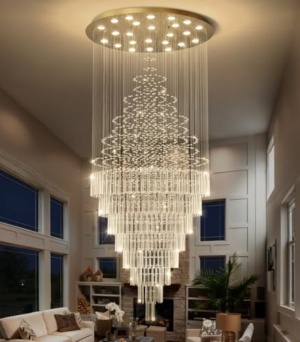 W47 x H120 Crystal LED Chandelier with Light Bulbs Luxury Raindrop High Ceiling Chandeliers for Entryway Villa Staircase Foyer Living Room Lighting Fixtures Gold (Gold / Round W47" X H118")