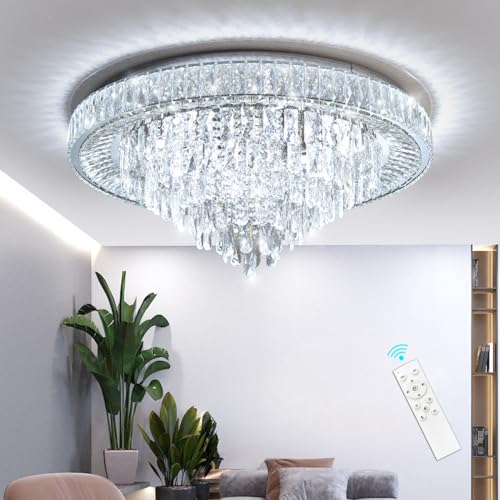 Modern Chandeliers for Living Room Crystal Ceiling Light Fixture LED Dimmable Lamp with Remote Pendant Lighting Flush Mount Ceiling Lighting for Dining Room Bedrooms (Silver / 31.5" Width)