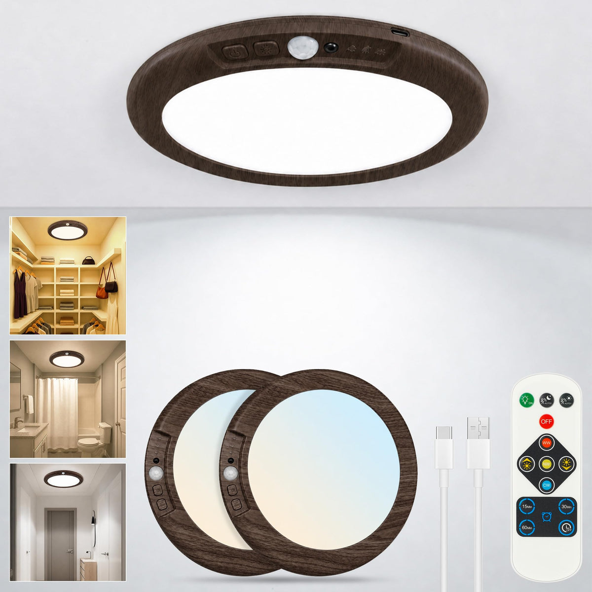 Wireless Rechargeable Ceiling Light with Remote (Dark Wood / 2 Packs)