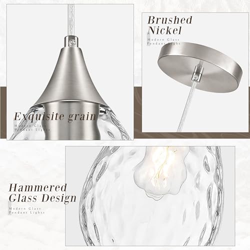 Nickel Glass Pendant Lights Kitchen Island 8" Pendant Light Hammered Clear Glass 3 Pack Height Adjustable Modern Hanging Pendant Lights for Dining Room Bedroom Hallway Sink Bulbs Incl (Nickel, 3 PK / 8 Inch)