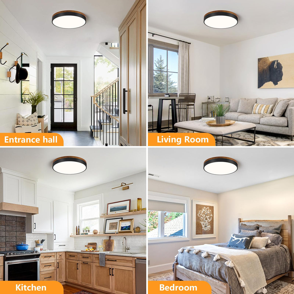Modern Walnut Wood Black Flush Mount Ceiling Light 15.74 Inch (Walnut- Non-dimmable / 15.74 Inch)