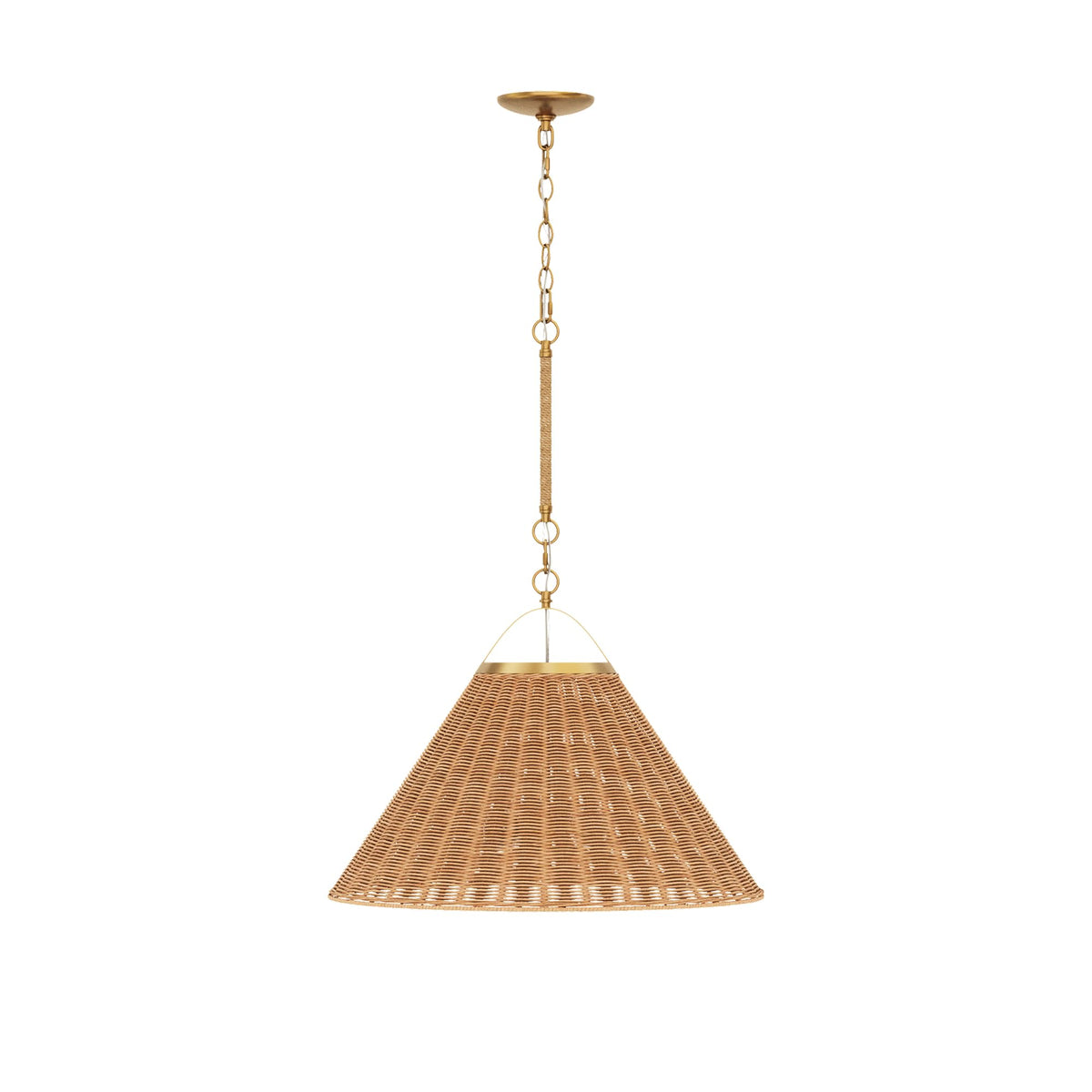Cyprus Rattan Pendant Light with Coastal Wicker Cone Shade and Adjustable Brass Chain (Vintaged Brass/Rattan Light Brown / Set of 1)