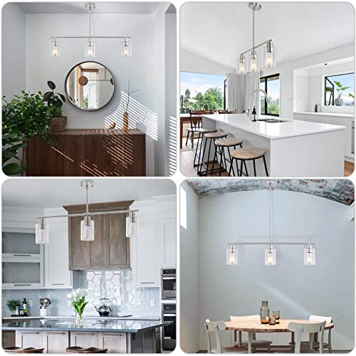3 Lights Kitchen Island Lighting Brushed Nickel Pendant Light Fixtures with Glass Shade 31" Dining Room Chandeliers Adjustable Height Modern Linear Ceiling Hanging Light for Living Room (Brushed Nickel / 3-light)