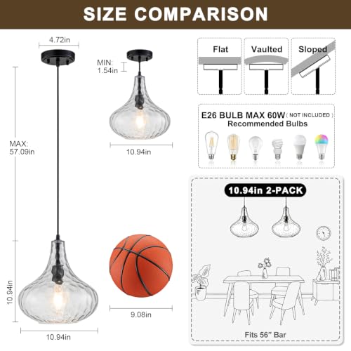 11" Hammered Glass Pendant Lights Kitchen Island Black (Black-Water ripples / 1-Light)