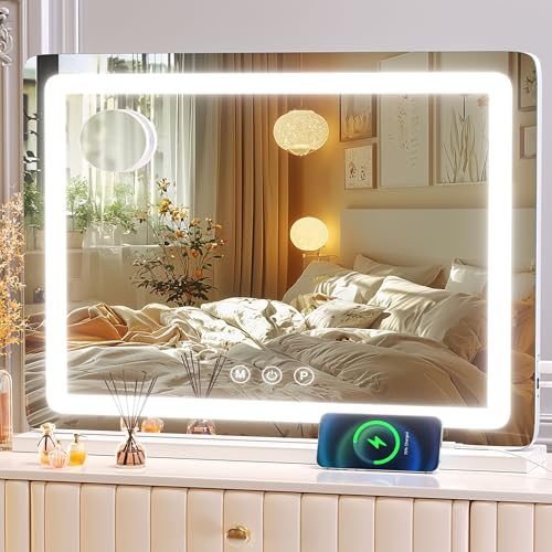 Makeup Vanity Mirror with USB Charging Port 24" x 19" Large LED Makeup Mirror (Round White Led / 19"L x 24"W)