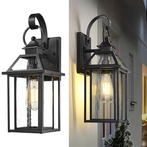 Outdoor Wall Mount Light Sconce (Black - Seeded Glass / 16.3 Inch - No Function)