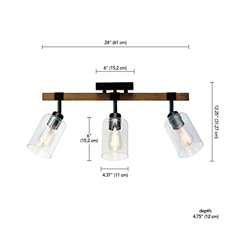 3 Light Faux Wood Track Lighting with Matte Black Accents and Clear Glass Shades (Faux Wood)