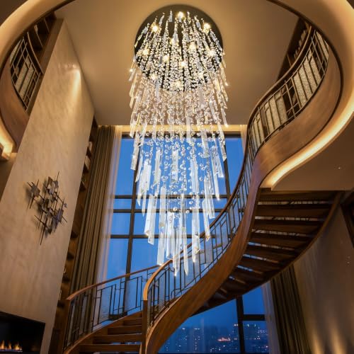 D32'' x H100'' Modern Crystal Chandelier High Ceiling Chandeliers for Entryway Glam Chandelier Large Raindrop Chandeliers LED Dimmable Light Fixtures for Staircaes Foyer Hallway Living Room Black (D32" x H100" Black)