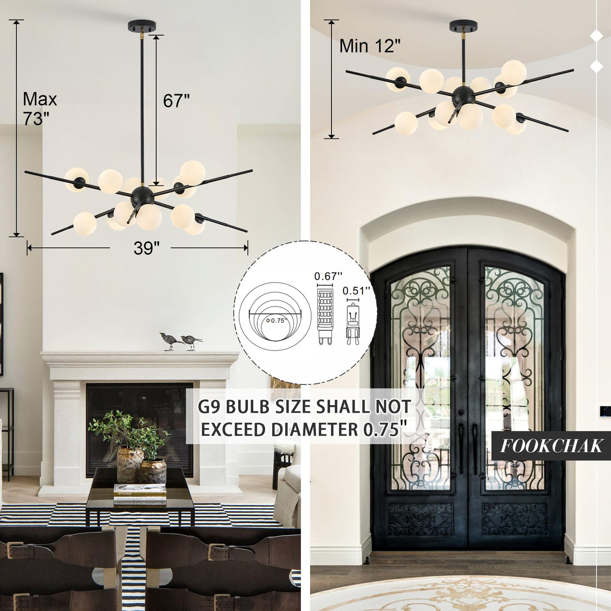 Large Black Sputnik Ceiling Light Fixture 39in 12 Light Frost Glass (Black & White / 39 inch)