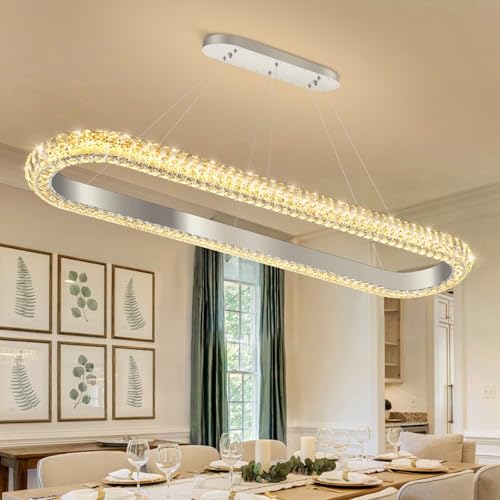 47'' Oval Ring Crystal Chandelier Modern LED Dimmable Ring Pendant Light Chandelier for Dining Room Living Room Silver (Silver / 1 Ring Oval 47")