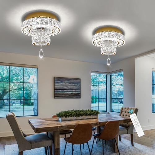 Modern Glam Ceiling Chandelier Bedroom Light Fixtures Crystal Flat Sloping Ceiling Lights for Hallway Kitchen Dining Room Dimmable Light with Remote Gold (12 inch / Gold)