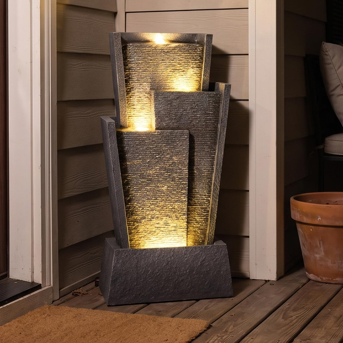 28H Modern Cascading Outdoor Water Fountain with Warm LED Light (28.3H)
