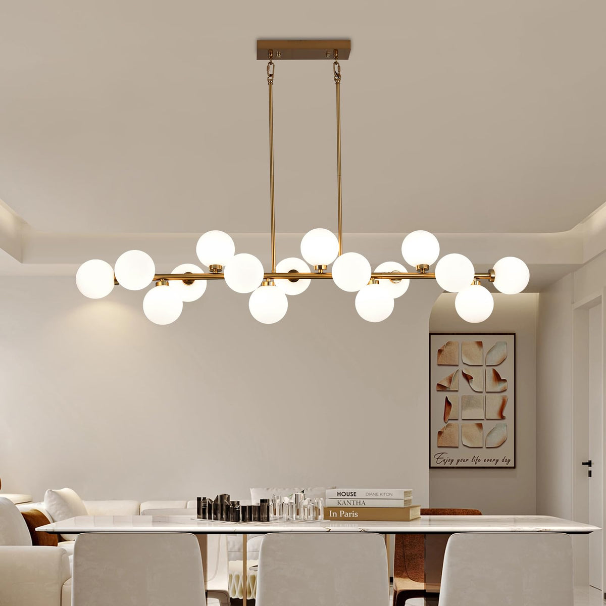 55 Inch Brass Gold Linear Chandelier (Gold with Milky White Shade / 16 Lights)