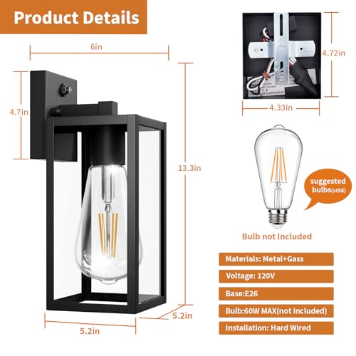 2 Pack 13‘’ Dusk to Dawn Outdoor Wall Light Fixture (Black / Medium-13.3'')