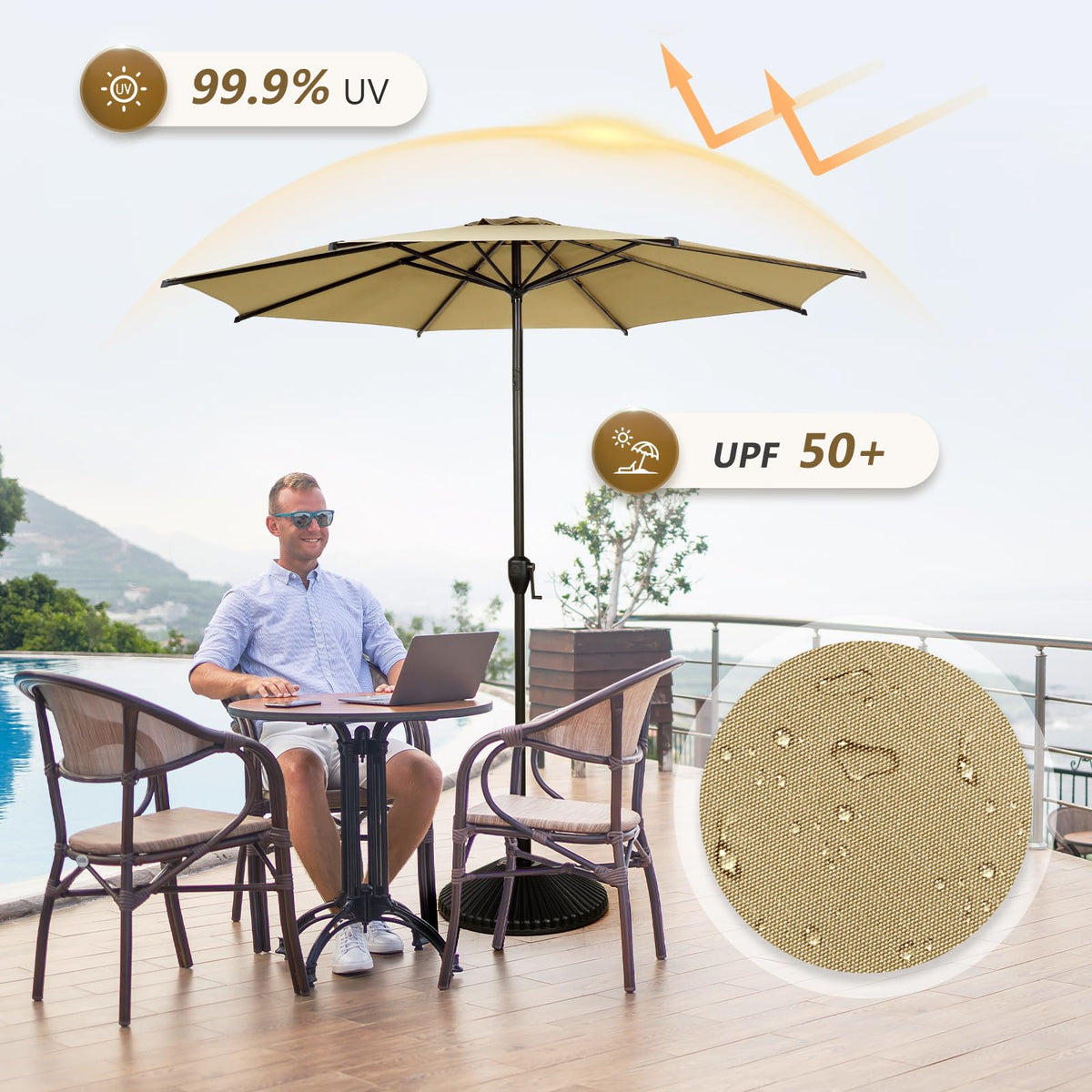 9FT Lyon Outdoor Patio Umbrella Outdoor Table Umbrella with Push Button Tilt and Crank Market Umbrella 8 Sturdy Ribs UV Protection Waterproof for Garden Deck Backyard Pool Tan (9 FT(8 Ribs) / Tan)