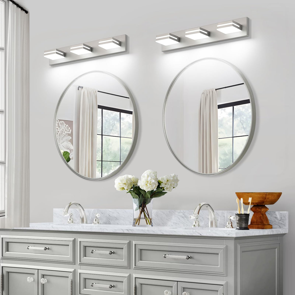 LED Modern Bathroom Vanity Light Fixtures (3-Light, 24-Inch / Nickel, 100%-0% White)