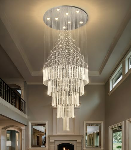 W24 x H78 Crystal Glam Chandelier Long Light Chandeliers with Dimmable Light Bulbs High Ceiling Light Fixtures for Foyer Entryway Living Room Stair Silver (Silver / Round W24" X H78")