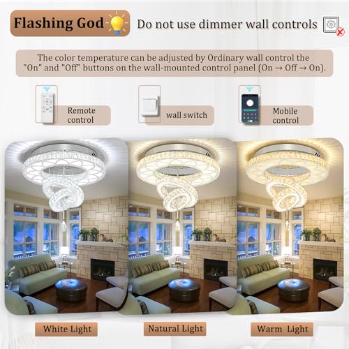 Dia 24" Crystal Chandelier Crystal Silver Ceiling Light Fixtures LED Flush Mount Ceiling Light for Living Room Bedrooms Dining Room Dimmable 2700k 4500k 6000k (Silver / W:24inches)