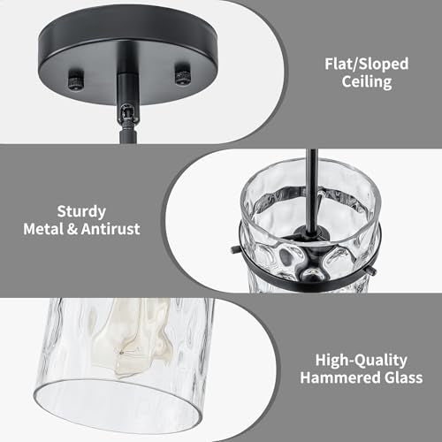 Farmhouse Black Hammered Glass Pendant Lights for Kitchen Dining Room Foyer (Black-2 Pack)