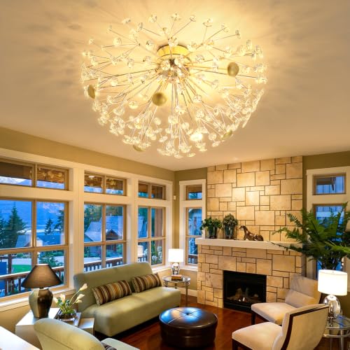 Crystal Sputnik Firework Chandelier LED Ceiling Chandelier for Bedroom Kitchen Island Hallway Entryway Crystal Firework Close to Ceiling Light (Gold Ceiling / Dia 24inches)