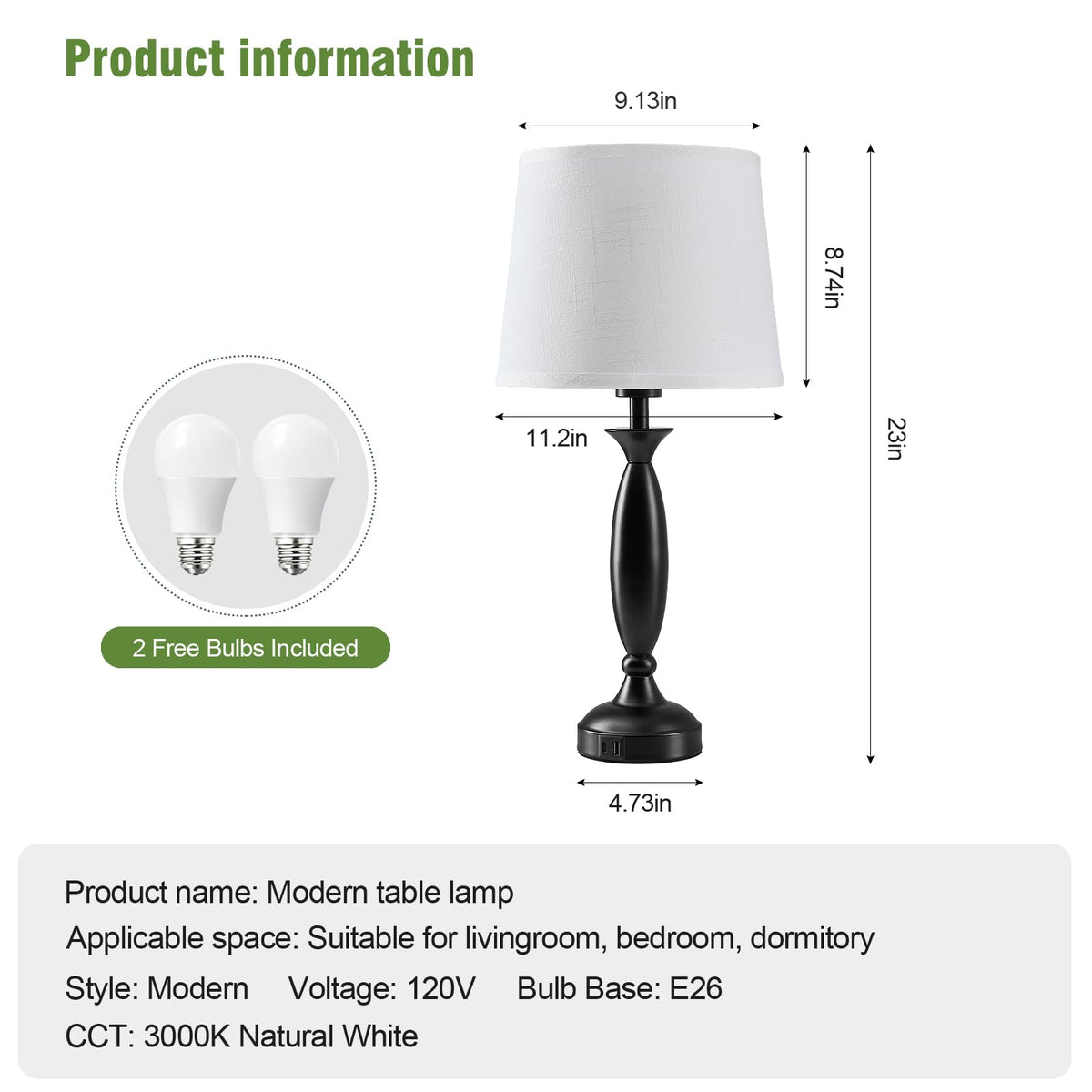 23" Touch Lamps for Nightstand Set of 2 (Black & White Shade)