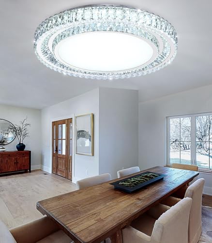 31.4" Dimmable Crystal Chandelier Modern LED Flush Mount Ceiling Light Fixtures for Living Room Bedroom Hallway Kitchen Island Staircase Silver (31.4" Silver)