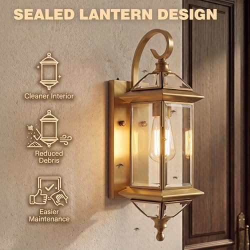 Solid Copper Dusk to Dawn Outdoor Wall Lantern (Warm Satin Brass / 18.5''H)