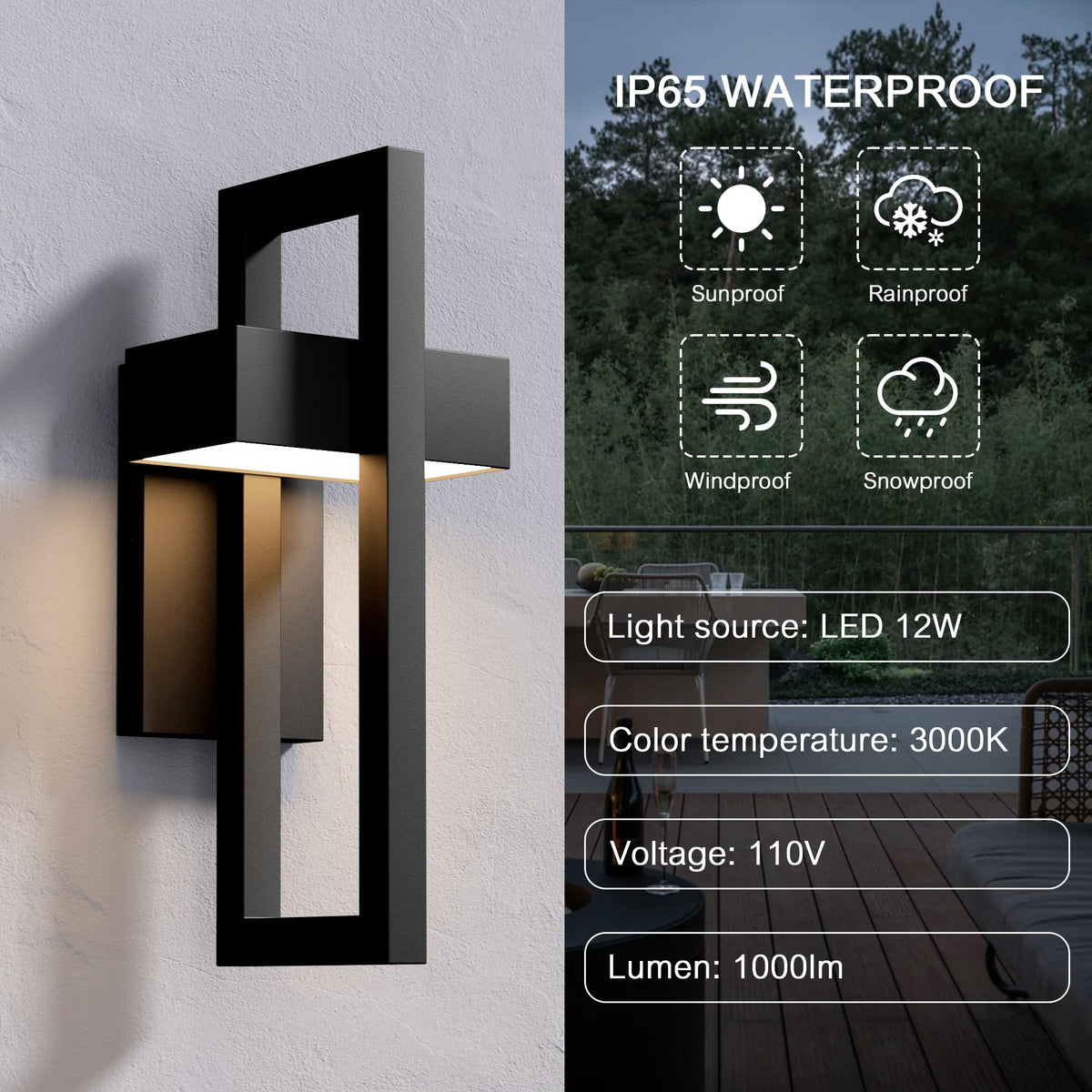 Modern Outdoor Wall Lights 3000K Integrated LED Outdoor Wall Sconces Lighting (Large Black / 1 Pack)